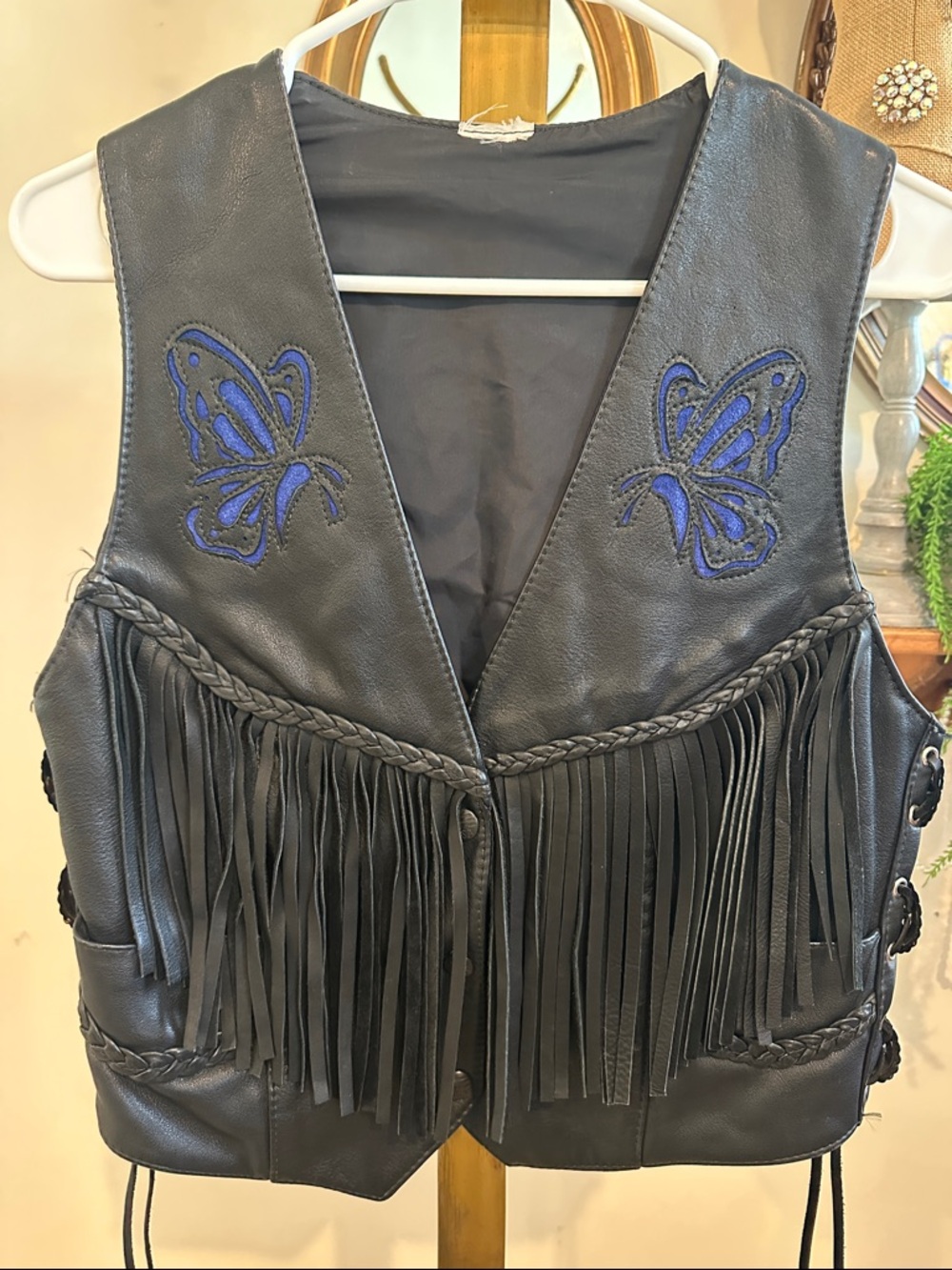 Vintage Black Leather Fringe Vest with Blue Butterfly Embroidery. XS/Small
